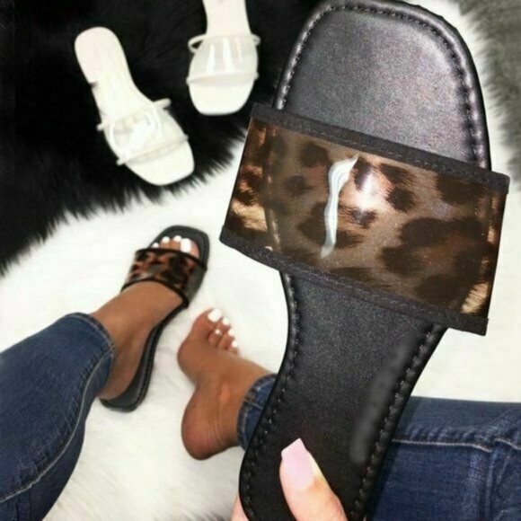 NIB Animal Print Flats SLIDES SIZE 7 Black Sandals - Picture 5 of 8